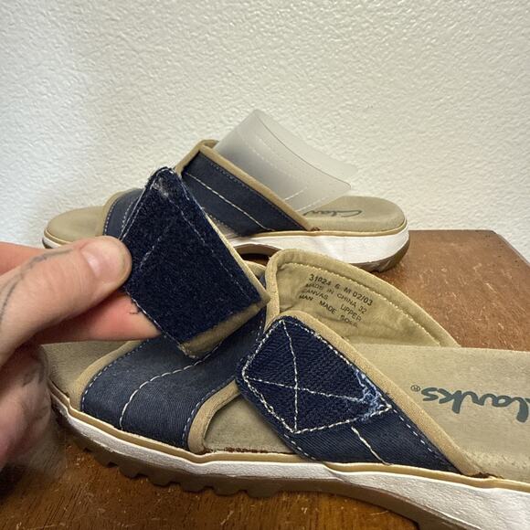 Clarks Womens Canvas Sandals Slide Open Toe Comfort Adjustable Band Blue Tan 6 - Picture 8 of 9